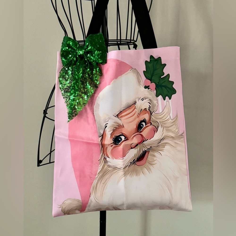 New Pink Christmas Retro Style Santa Claus Tote Bag w/ Sequin Bow - 16” x 14”
